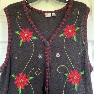 Women’s Ugly Christmas Sweater Vest  XL black & red vneck cardigan poinsettias
